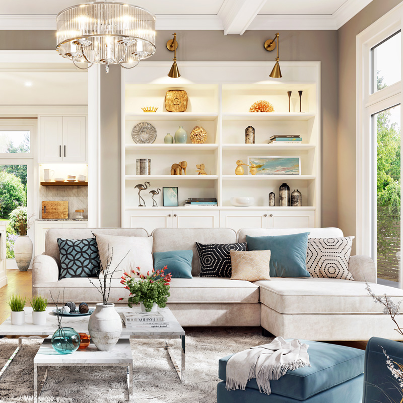 home living room with windows and shelving