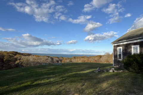 A grassy area features a house, with the ocean visible beyond it in the background.