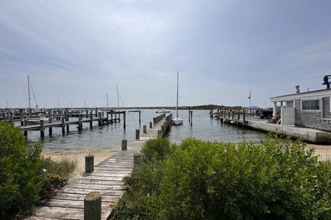 serene dock with several boats moored at the end